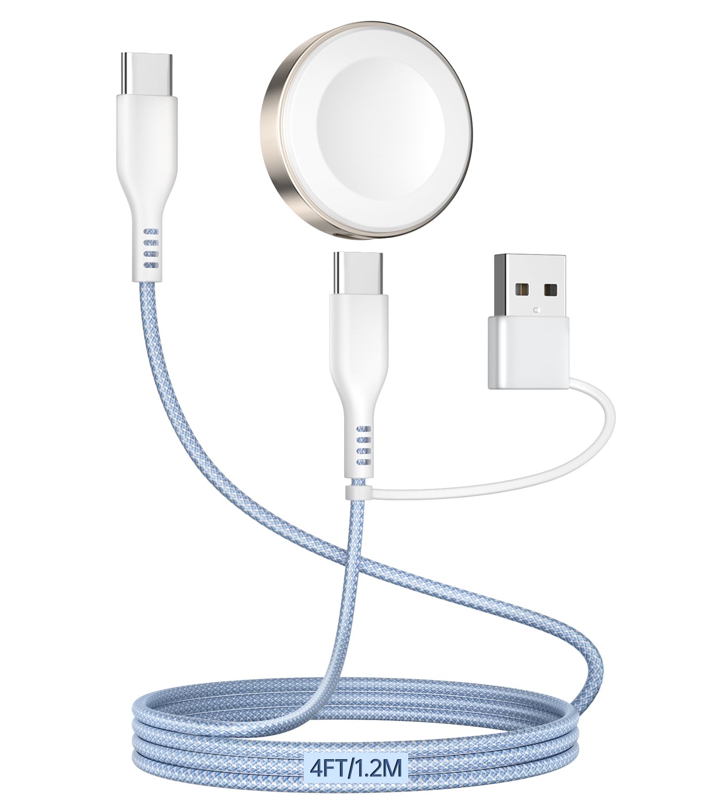 2 in 2 USB A/C Fast Charging Cable for Apple Watch Charger,4ft 60W Max Type C to C Fast Charging Nylon Braided Cord for iPhone 16 15 iPad,Travel Essentials for iWatch Series Ultra 42/44/46mm