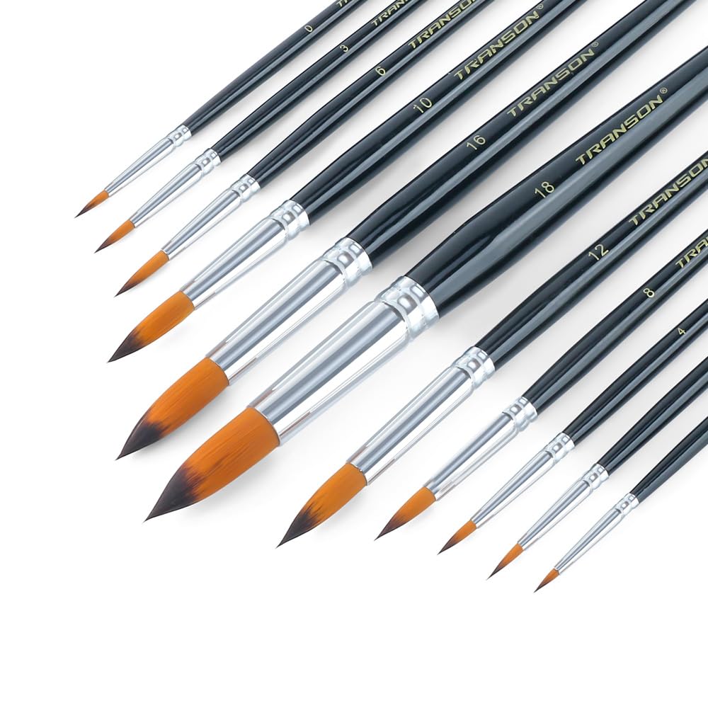Transon 11pcs Round Paint Brush Basic Set for Watercolor, Acrylic, Gouache, Ink, and Tempera Painting