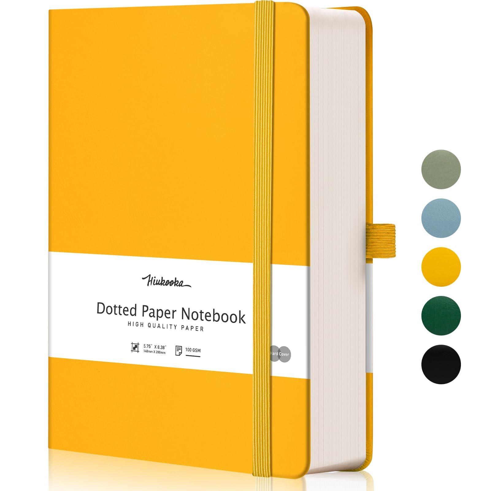 HIUKOOKABullet Dotted Journal-A5 Dot Grid Notebook 320 Pages,100gsm Thick Dotted Paper,Leather Hardcover Notebook for work with inner Pocket,5.75x8.35 inches journals for Writing,Drawing Yellow