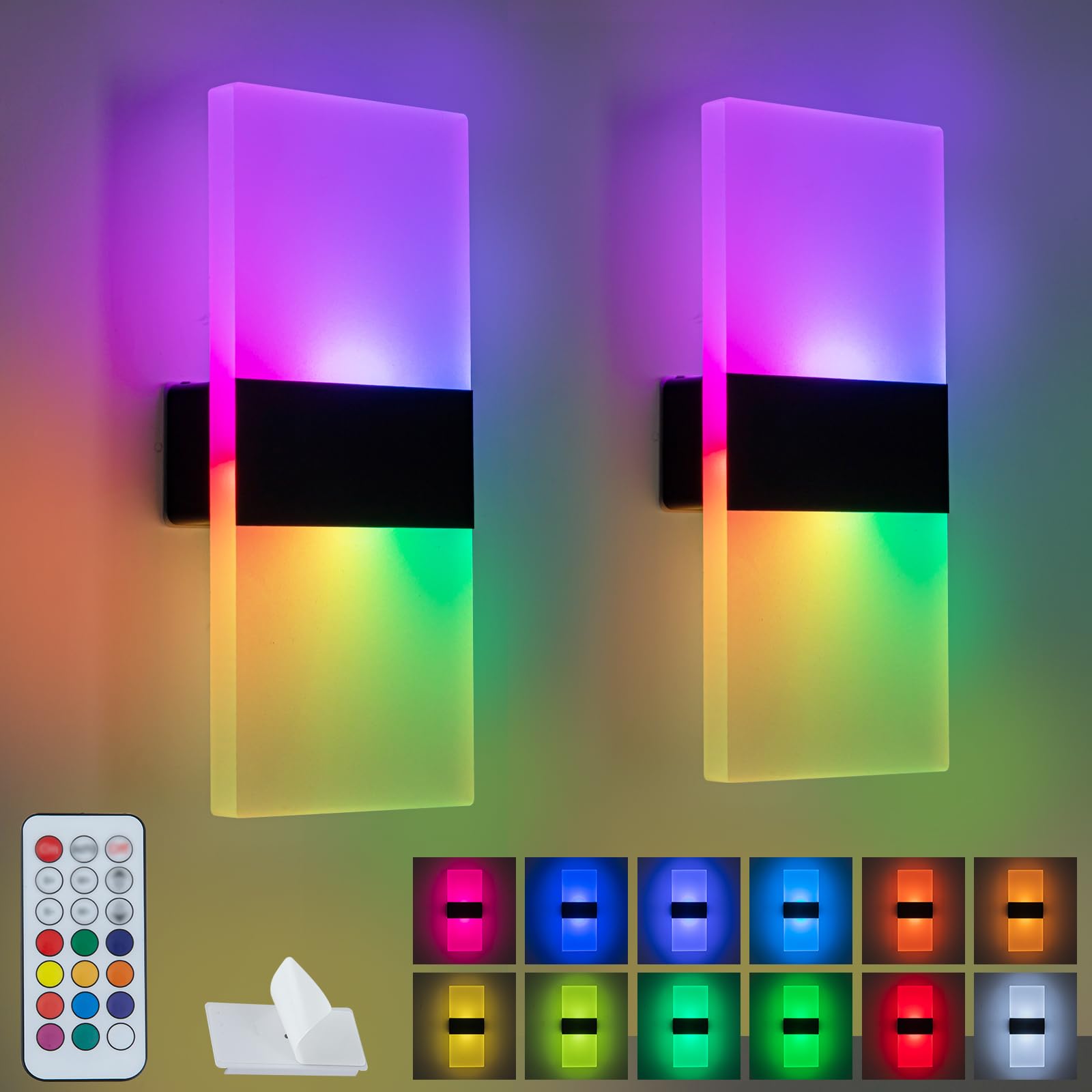 KwatTsz 2Pcs RGB Wall Lights with Remote Control, Cordless Battery Powered Wall Lamp, USB Rechargeable Wall Sconces, Indoor LED Mounted Light, Modern Dimmable Ambient Lights, 12 Colours