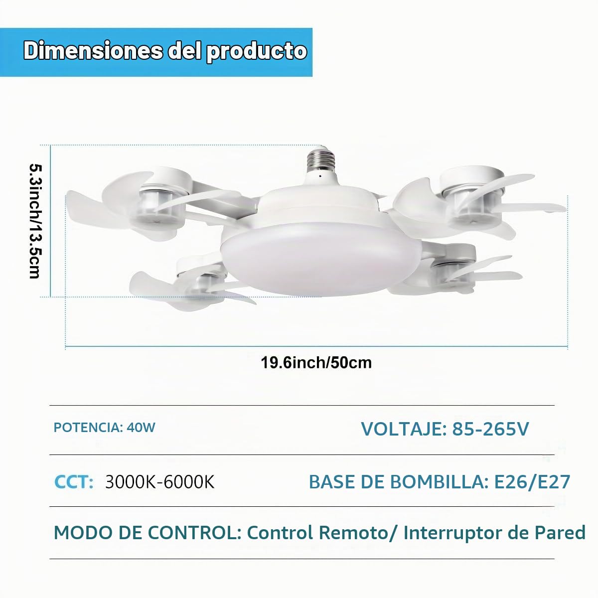 Ventilador de Techo con Luz LED Silencioso, 3 Velocidades y Aspas Retráctiles, Lámpara de Techo con Ventilador para Dormitorio, Salón, Oficina | Diseño Moderno, Control Remoto (Blanco, 4 cabezas)