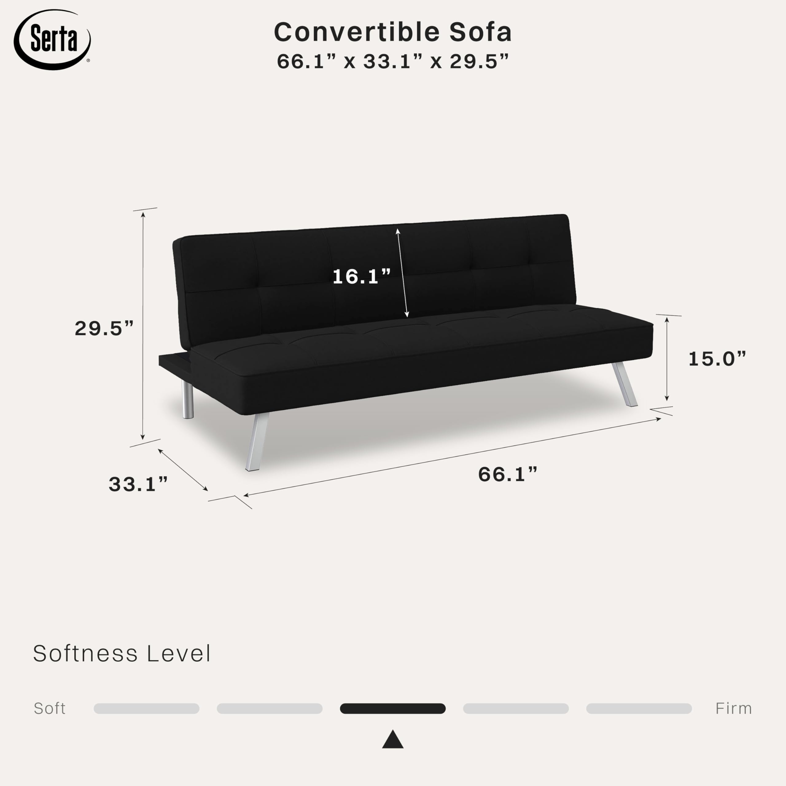 Serta® Rane Futon Sofa Bed 66.1", 3-in-1 Convertible Couch Sleeper for Small Spaces, Tufted Back, Twin Size Guest Bed, Black Woven Fabric