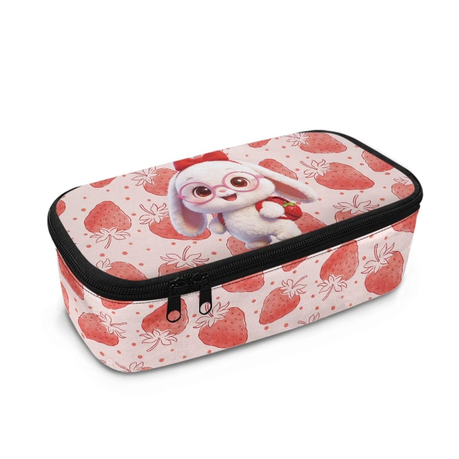 Dngkaoje Animal Rabbit Pencil Case for Kids Girls Strawberry Bunny Pen Holder Carton Print Pen Pouch Large Capacity Portable Pencil Box School Supplies Organizer for Toddler Girls with Zip â image 1