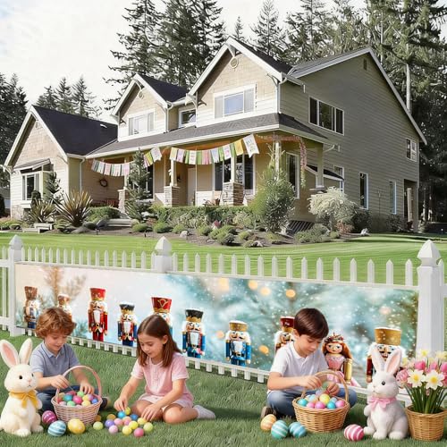 Image of Nutcracker Christmas Outdoor Banner 78.7 x 17.7 Inch Colorful Soldier Figures Snowy Background Festive Holiday Scene for Yard Garden Fence Porch or Patio Decoration