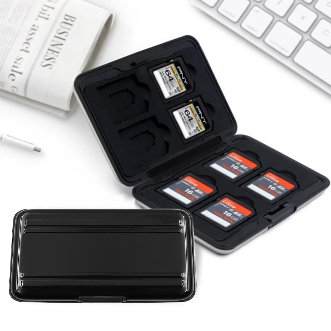 16 Scomparti Custodia per Schede di Memoria, 8 Schede SD e 8 Micro SD, per SDXC, SDHC, SD, Resistente all'Acqua, Antiurto (Nero)