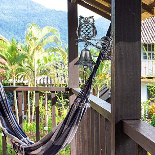Relaxdays Türglocke Gusseisen, Eule, antikes Design, mit Kordel, wetterfest, Wandglocke für Haustür, Gartendeko, Silber, 26,5 x 19 x 11 cm