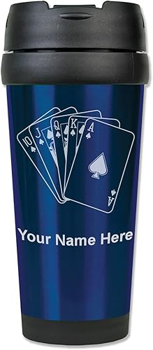 LaserGram 16oz Coffee Travel Mug Royal Flush Poker Cards Personalized Engraving Included Dark Blue