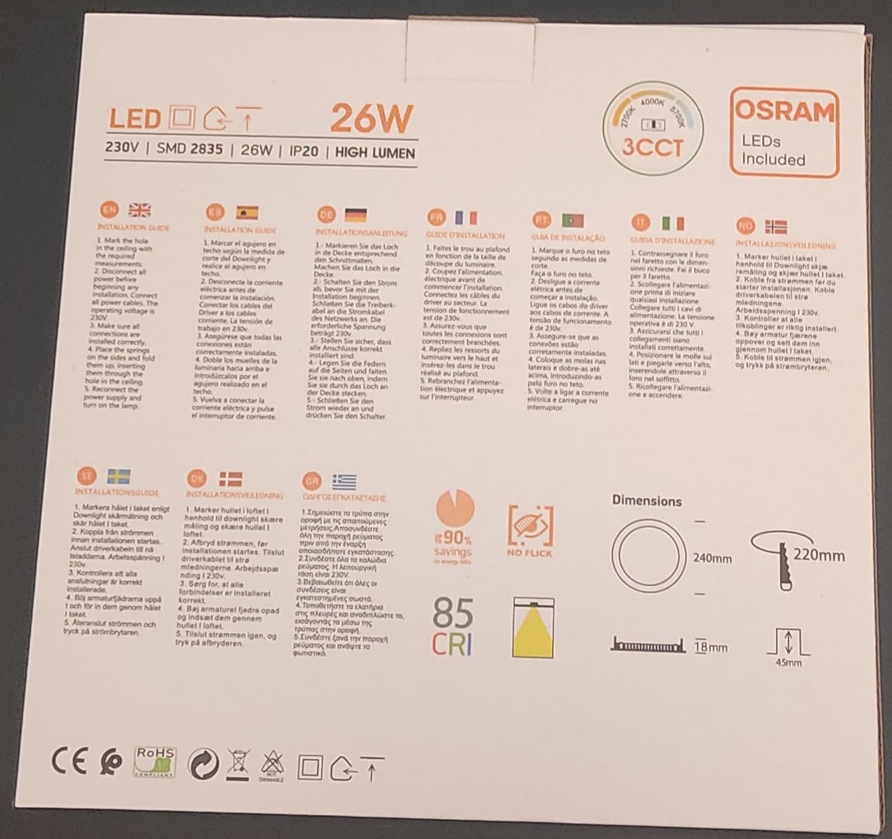 FactorLED Pack x2 Downlight LED Techo Empotrable Circular Slim 24cm 26W (260W), Panel Redondo Empotrado, Placa Extraplana, Luz Seleccionable 2700K-4000K-5700K (CCT) (2, Ø240mm)
