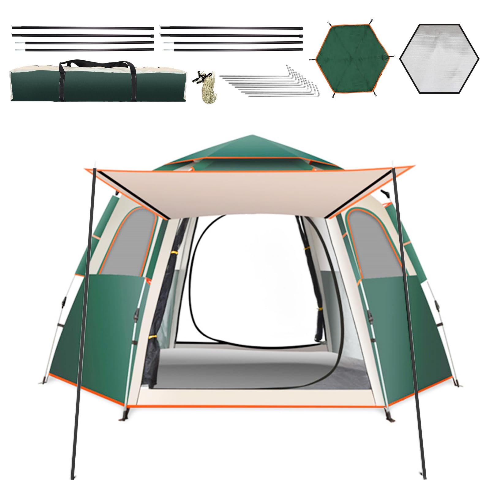 Camping Tent Large Tent 87" L 73" W 40" H with Instant Setup Outdoor Tent with 2 Doors,3 Windows,Removable Rainfly, Hexagonal Moisture-Proof Pad and Carry Bag,4/6/8 Person Weatherproof