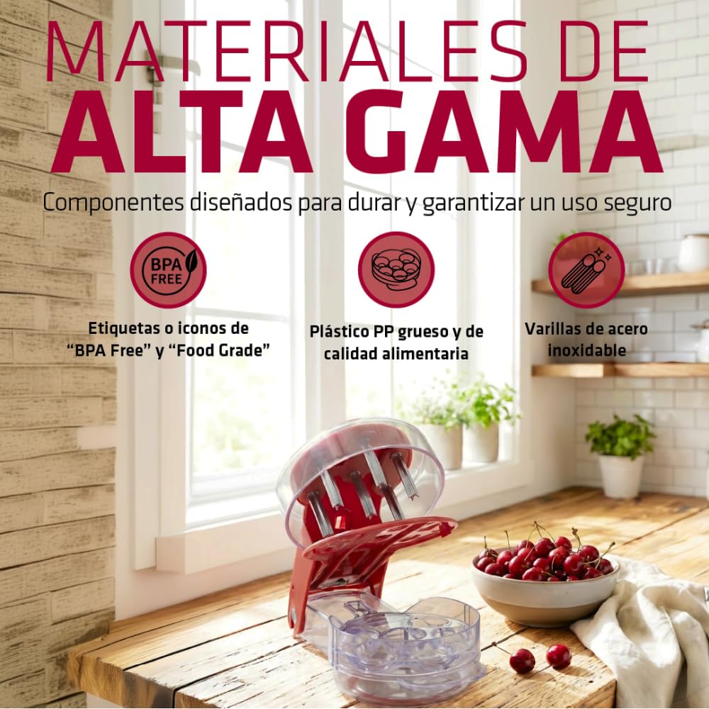Deshuesador de Cerezas Multifunción de Acero Inoxidable y Plástico sin BPA con Capacidad para 6 Frutas - Accesorio de Cocina Práctico y Duradero - Utensilio Manual para Cocina | 3-Stars