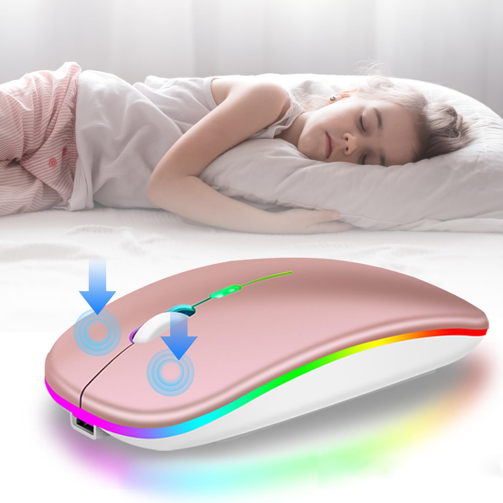 Mouse wireless ricaricabile, mouse wireless a LED Bluetooth per iPad, mouse portatile sottile con ricevitore USB, doppia connessione BT5.4 e 2.4G, silenzioso per laptop/notebook/pc/iPad/Chromebook