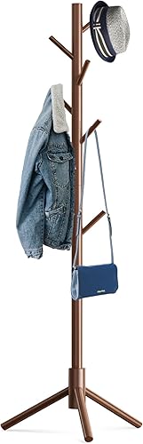 Hupmad Wooden Tree Coat Rack Stand,Sturdy Freestanding Coat Rack with 8 Hooks,3 Adjustable Height for Child Adult,Wood Coat Stand Tree with