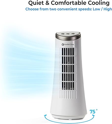 Miniatura 5 de Comfort Zone Ventilador oscilante de torre de escritorio de 12 pulgadas, diseño ultradelgado sin aspas con 2 velocidades, controles táctiles