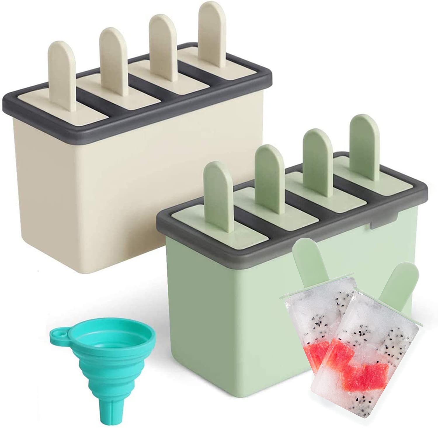 KASTWAVE Popsicle Molds Sets, 8 Ice Pop Makers Reusable Ice Cream Mold Dishwasher Safe Durable DIY Popsicles Tray Holders with Silicone Funnel Cleaning Brush Kitchen Supplies Beige and Green