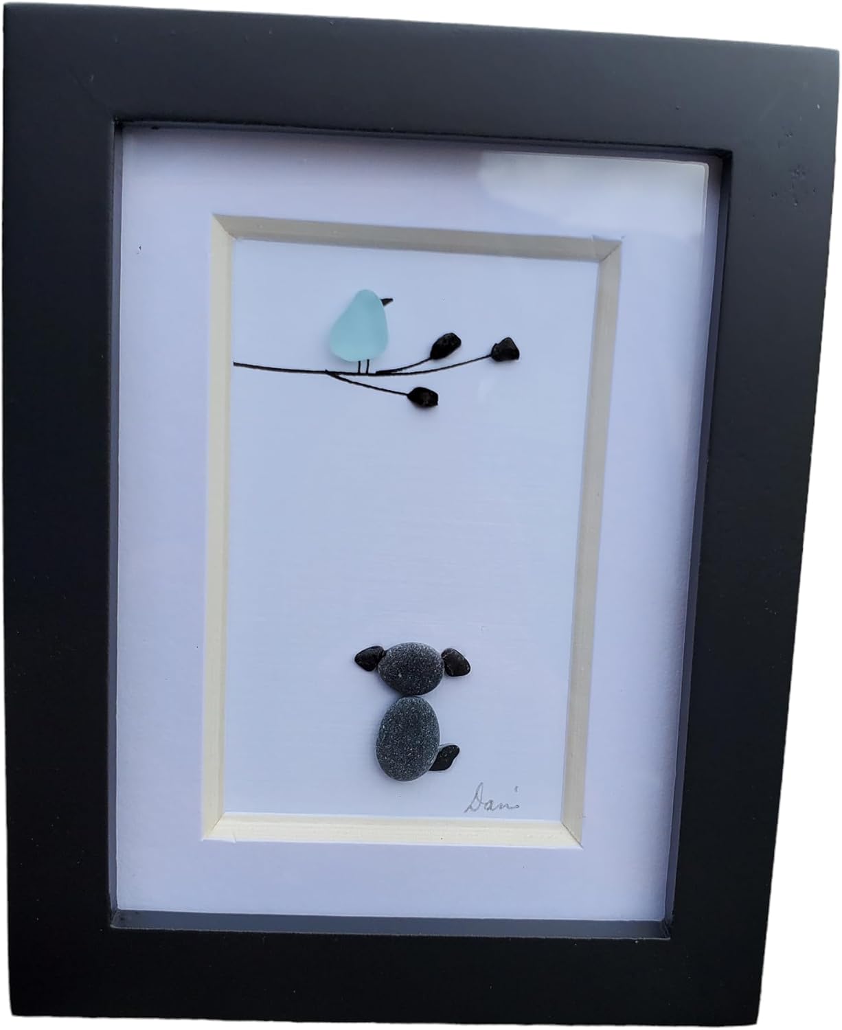 Your Word Rocks Mini Sea glass bird and dog made out of pebbles art. Adorable art for the dog lover. Handmade in Maine. Measuring 3.5x4.5 inches black frame, matte and glass.