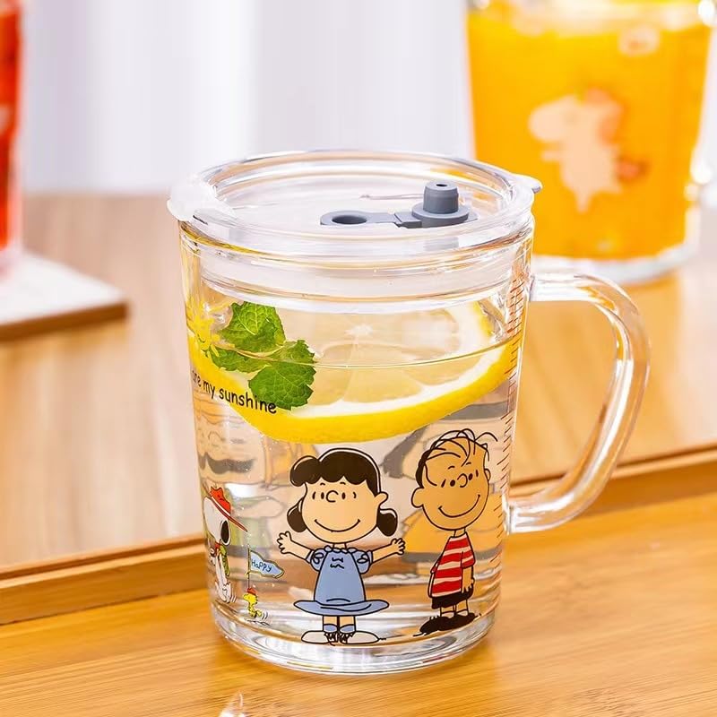 Image of Cute Cartoon Glass Tumbler with Lid and Straw - 400ml, Set of 1, Glass Coffee Mug with Handle, Reusable Drinking Cup for Iced Coffee, Milk, Juice, Tea, Home Office Gifts (Random Design Mug)