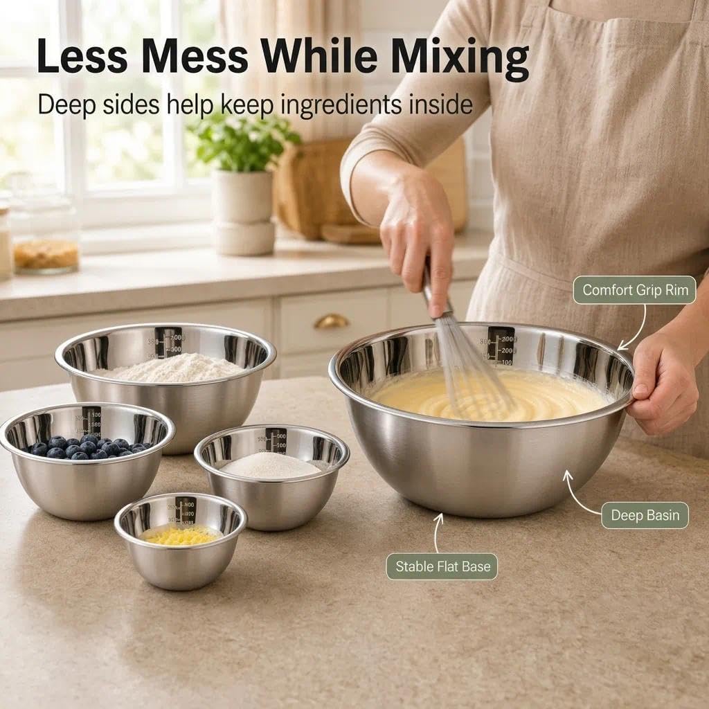 Stainless Steel Bowl, Metal Bowl, Stainless Steel Bowl Set, Mixing Bowl, Serving Bowl, Stackable, Salad Bowl with Scale, for Salad, Kitchen, Baking, Set of 5, 14/16/20/22/24 cm image 4