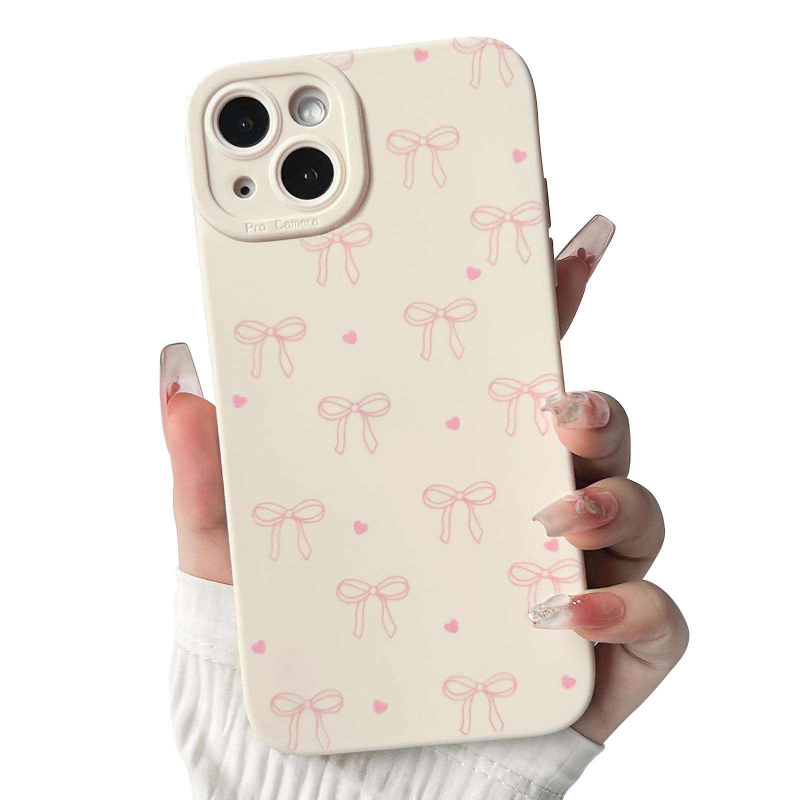 NITITOP Compatible with iPhone 15 Case Cute Aesthetic Bow Ribbon Love Heart Pattern Design for Women Girls Soft TPU Bowknot White Back Shockproof