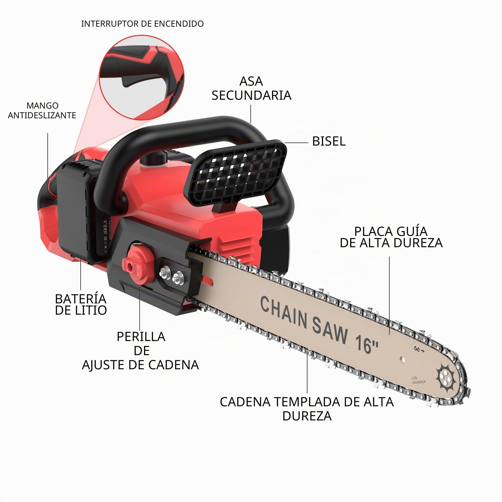 Motosierra eléctrica con batería de 16 pulgadas, 42 V (21 V*2), con 2 baterías de 4000 mAh, motor sin escobillas de 1800 W, lubricación automática de cadena, 40 cm de longitud de espada, para leña y