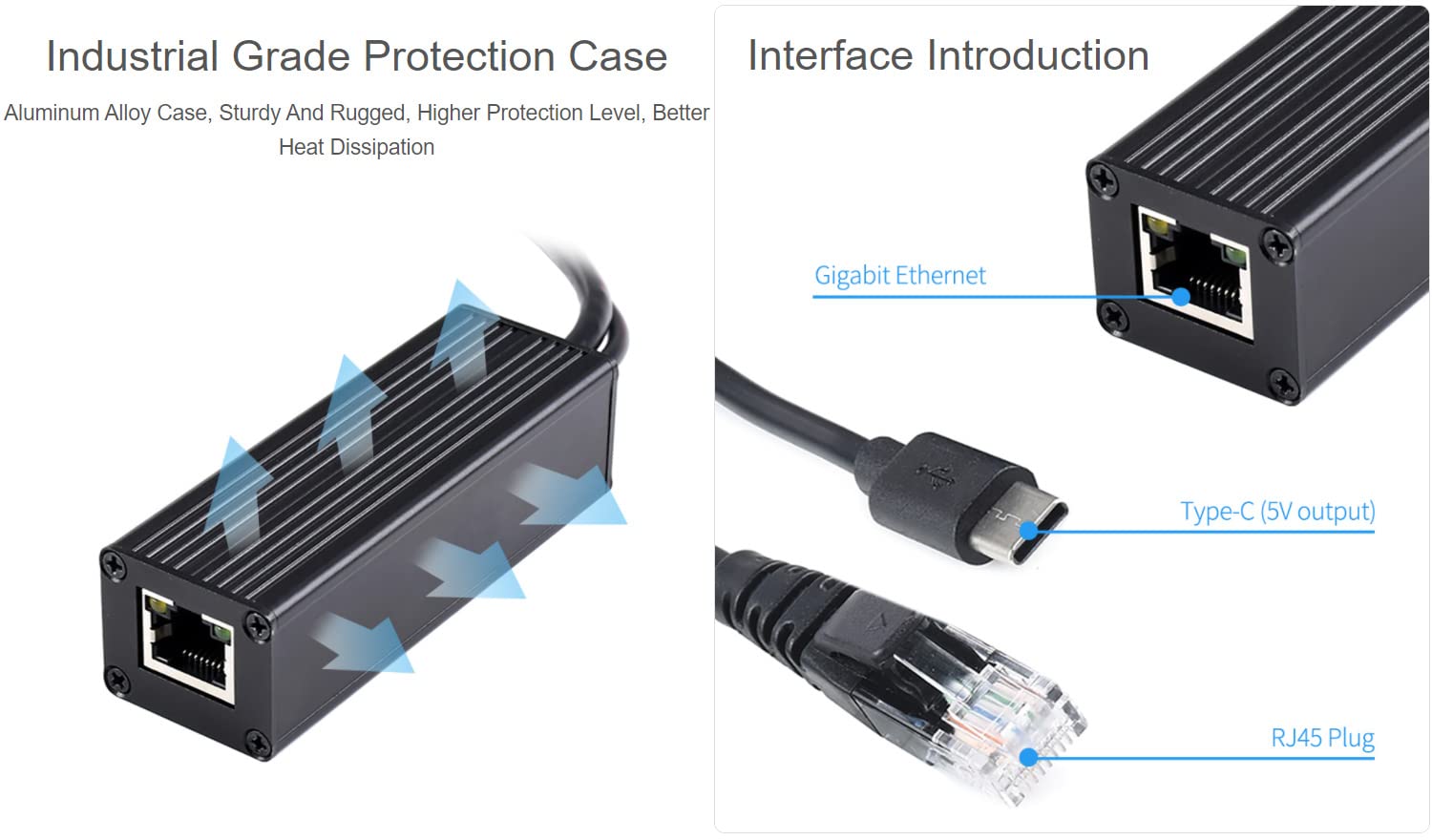 Waveshare Industrial Gigabit PoE Splitter with Metal Case protection,5V 2.5A Type-C Out