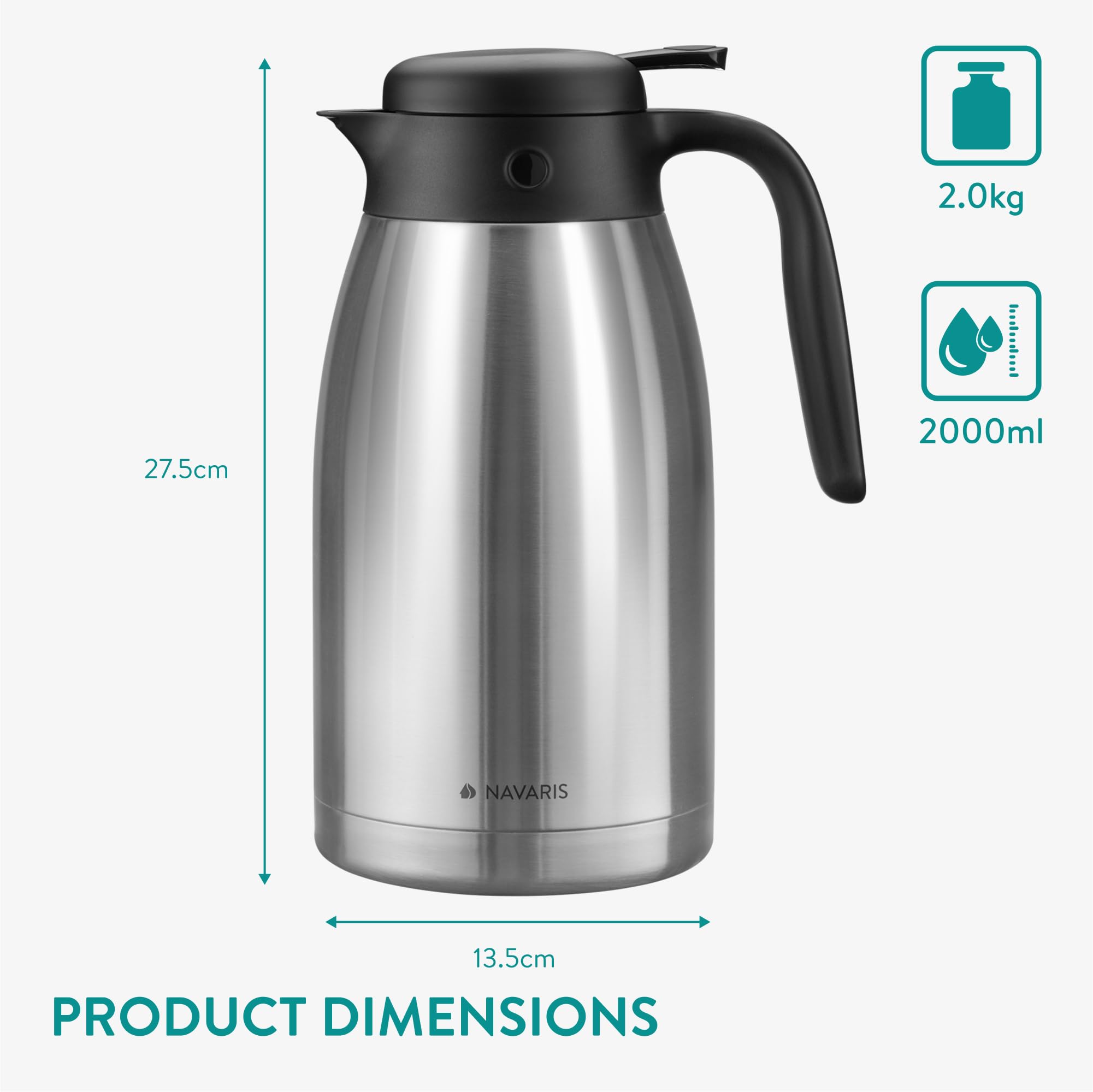 Navaris Jarra térmica de Acero Inoxidable de 2 L - Tetera con Aislamiento al vacío - Termo de té y café para Catering - Bebidas frías Calientes