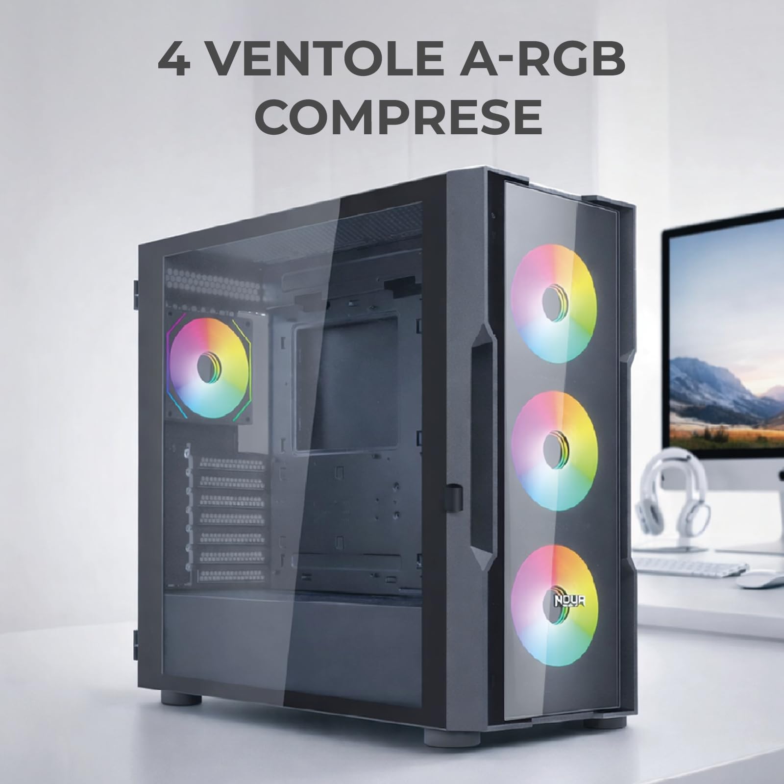 Noua Smash SK100, obudowa PC do gier ARGB Mid-Tower E-ATX, 4 wentylatory PWM ARGB 120 mm, obsługuje grzejniki 360 mm, panel przedni i panel boczny ze szkła hartowanego