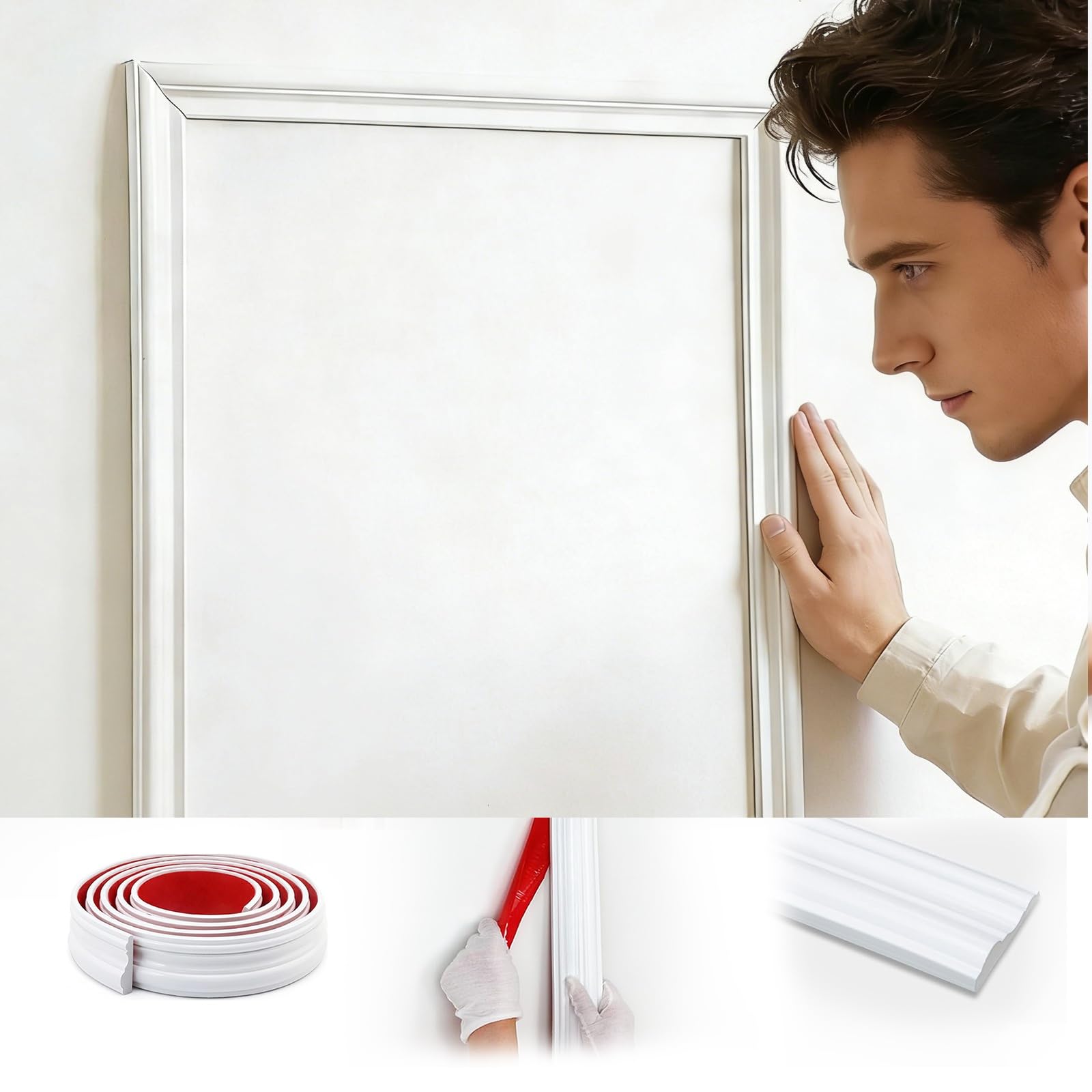 Wall Panelling Kits, Peel and Stick Moulding Kit for Door, Mirror, Chair Rail, Flexible Moulding Trim Self Adhesive for DIY Home Decor, White, Waterproof (4.0 x 300cm)