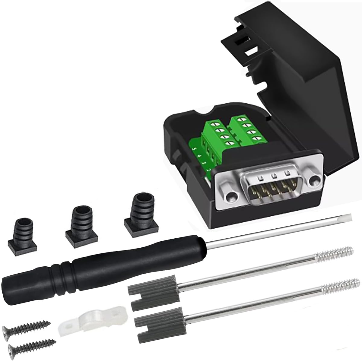 Meskliu DB9 Breakout Connector,DB9 Solderless Connector,RS232 D-SUB Male Serial Adapters 9pin Port Breakout Board Solder-Free Module with case Long Bolts Tail Pipe