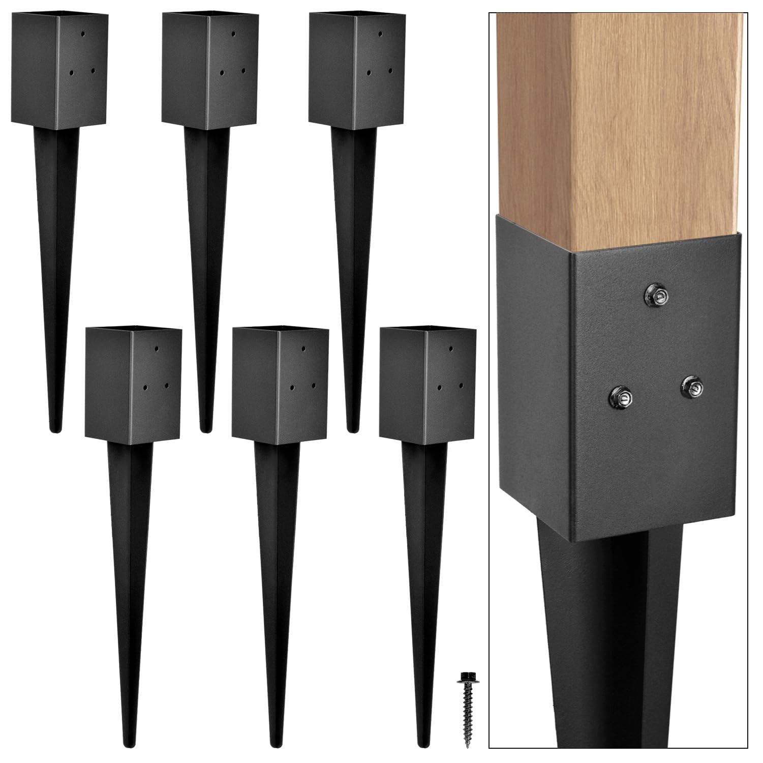 Fence Post Anchor 4''x4'', Heavy Duty Metal Fence Post Anchor Ground Spike 36''x4''x4'' for Mailbox, Bird Feeder, Decking, Banner, with The Black Powder Coating Cover on The Surface (Set 6)