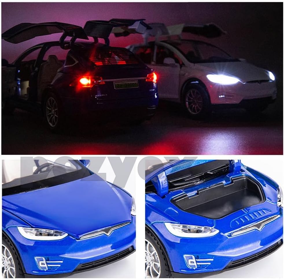 Image of 1:32 Scale Car Tesla Model X90 Alloy 1 /32 Diecast Model Car w /Sound & Light Pull Back Model Mini Vehicles Toys for Kids (Blue)