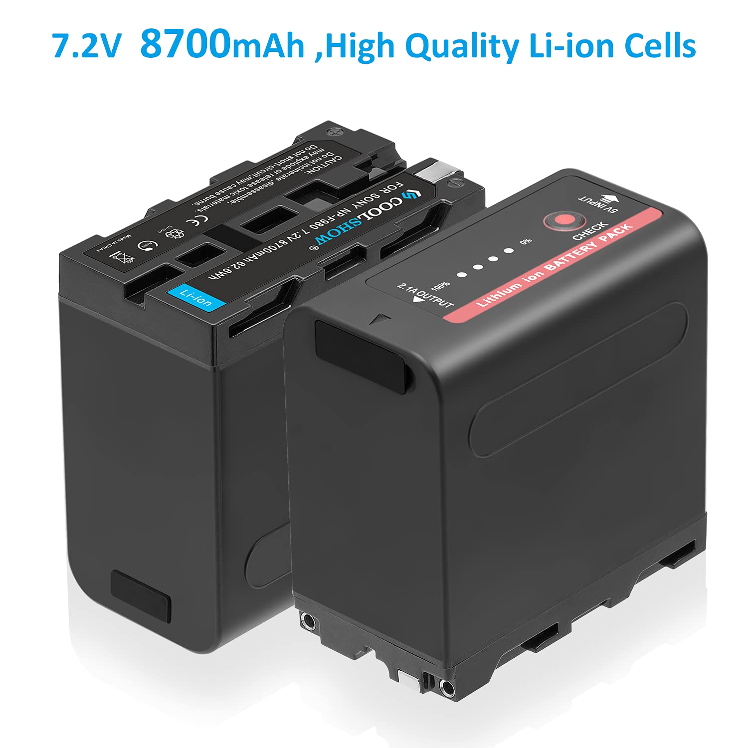COOLSHOW Batterie NP-F970 7,4V 8700mAh NP-F960 NP-F980 NP-F930 NP-F950 2 pièces avec Sortie 5V USB et entrée Micro USB Compatible avec Sony DCR-VX2100,PD150,PD170,FDR-AX1,HDR-AX2000,FX1,FX1000