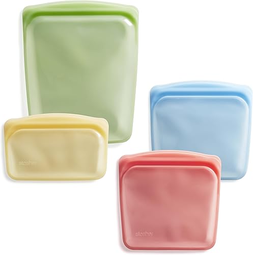 Stasher Bolsas de almacenamiento de alimentos reutilizables de silicona premium, paquete de 4, multiusos, bolsas de almacenamiento de alimentos,
