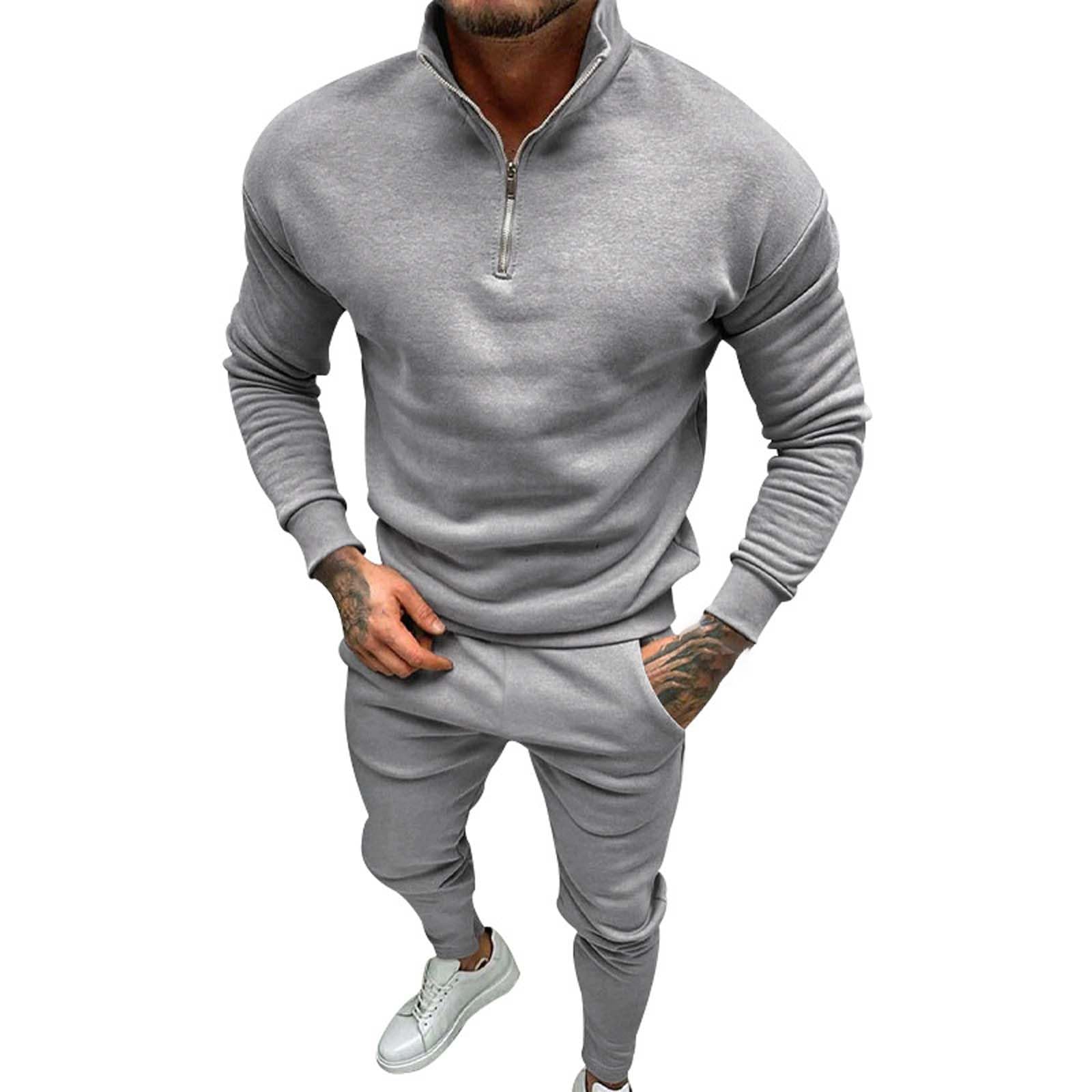 Męski dres treningowy z zamkiem do połowy, 2-częściowy, bluza i joggery, beżowa odzież domowa z wysokim dekoltem, strój dla mężczyzn, miękka bawełniana odzież sportowa, dopasowany krój, wygodny dres