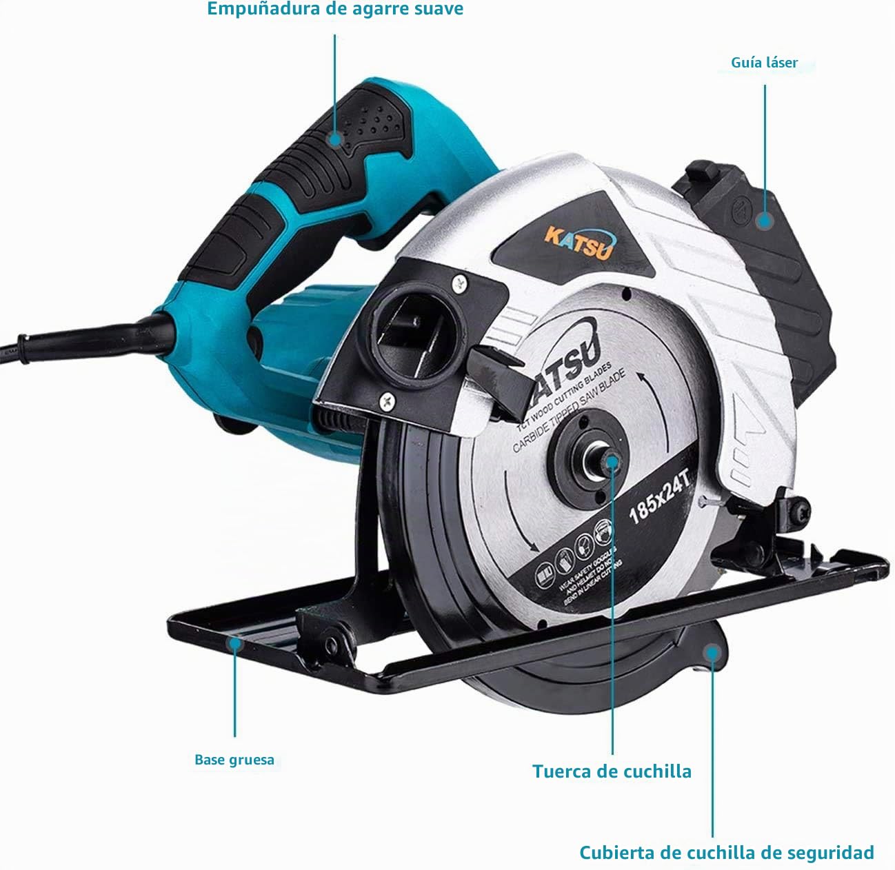 KATSU Sierra Circular 1600W 185mm con Guía Láser y 2 Discos 24T+40T, Corte 65mm (90º), 45mm (45º) para Carpintería, Corte de Madera, Metal Blando y Plástico 100793E
