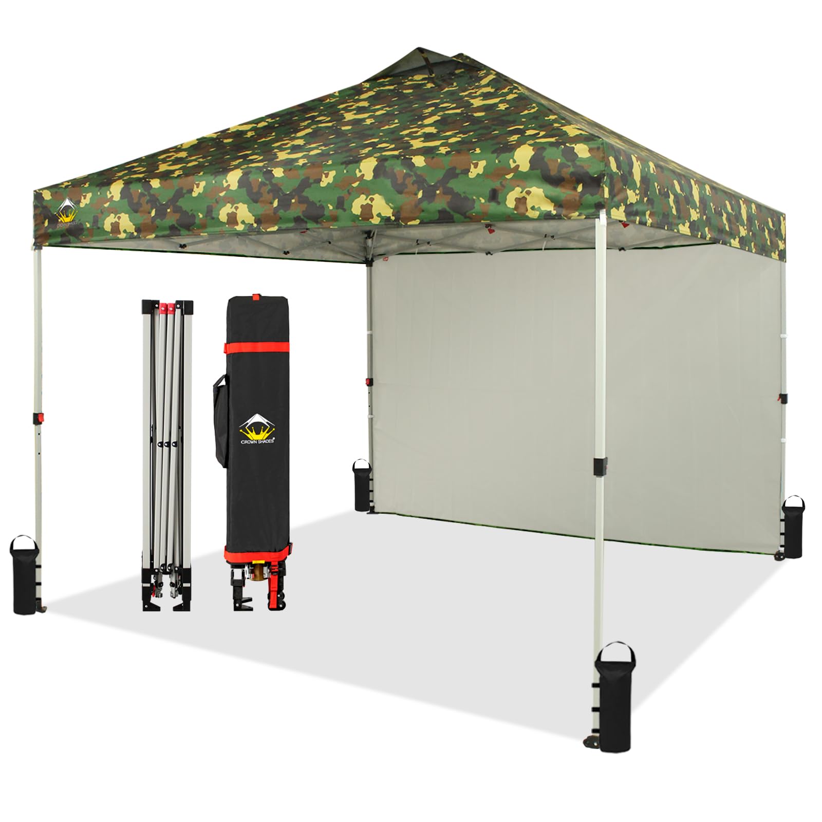 CROWN SHADES 10x10 Pop up Canopy Instant Commercial Canopy with 1 Removable Sidewall,4 Ropes & 8 Stakes & 4 Weight Bags,STO'N and Go Bag, Camouflage Green