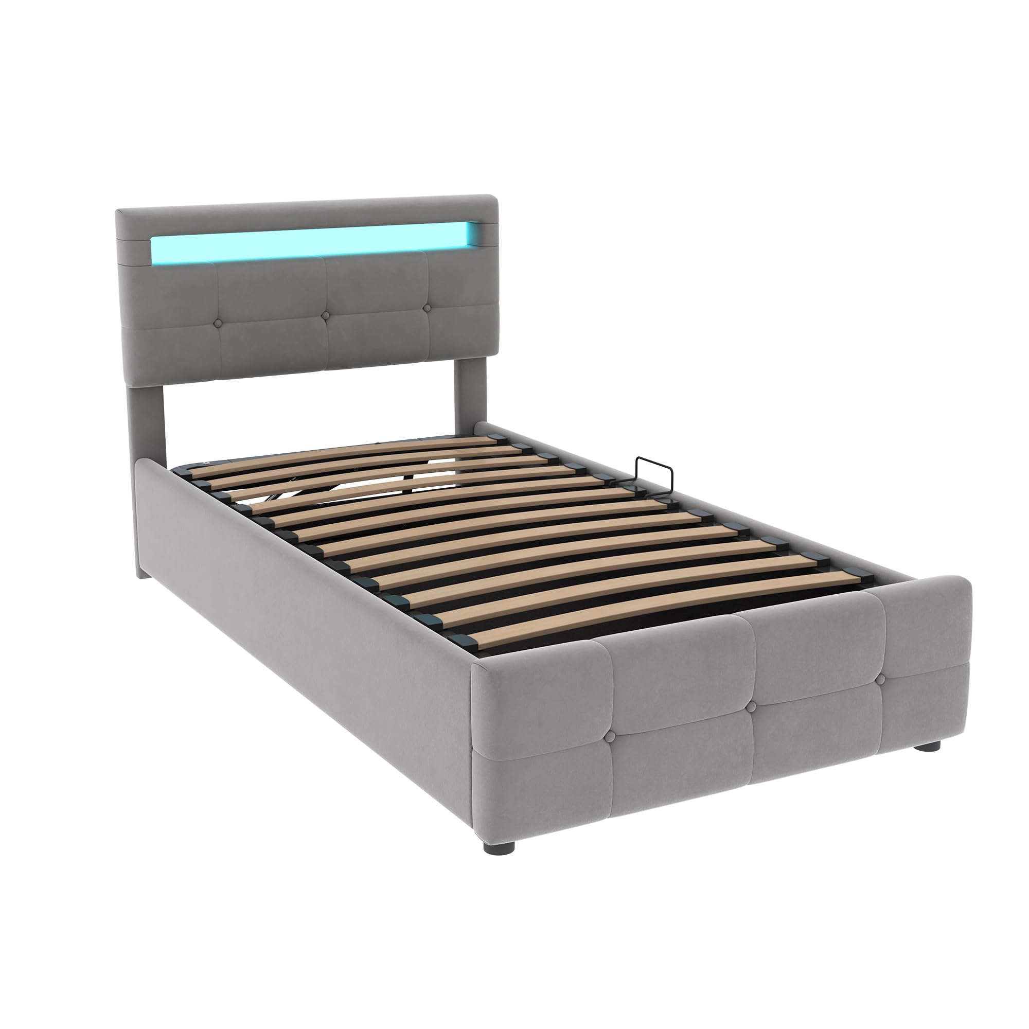 Gegtuon Letto Imbottito 90x200 cm con Illuminazione LED per Bambini, Letto Singolo con Idraulico Contenitore e Testata, Struttura Letto con Rete a Doghe per Ragazzi, senza Materasso, Velluto (Grigio)