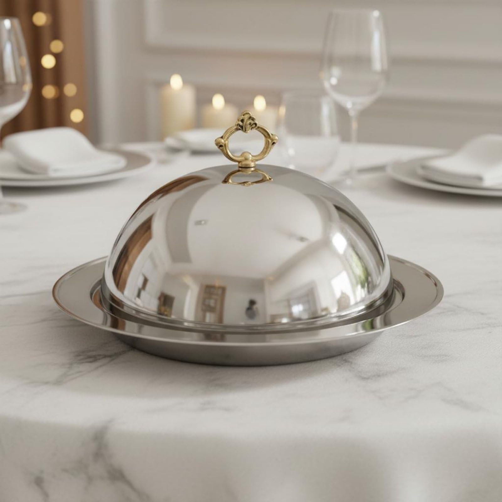 rockible Vassoio Acciaio Inox con Coperchio Domed Cupola Manico Oro Piatto da Portata Resistente Funzionale Adatto per Servizio Tavola Hotel Catering Ristorante Buffet, Oro