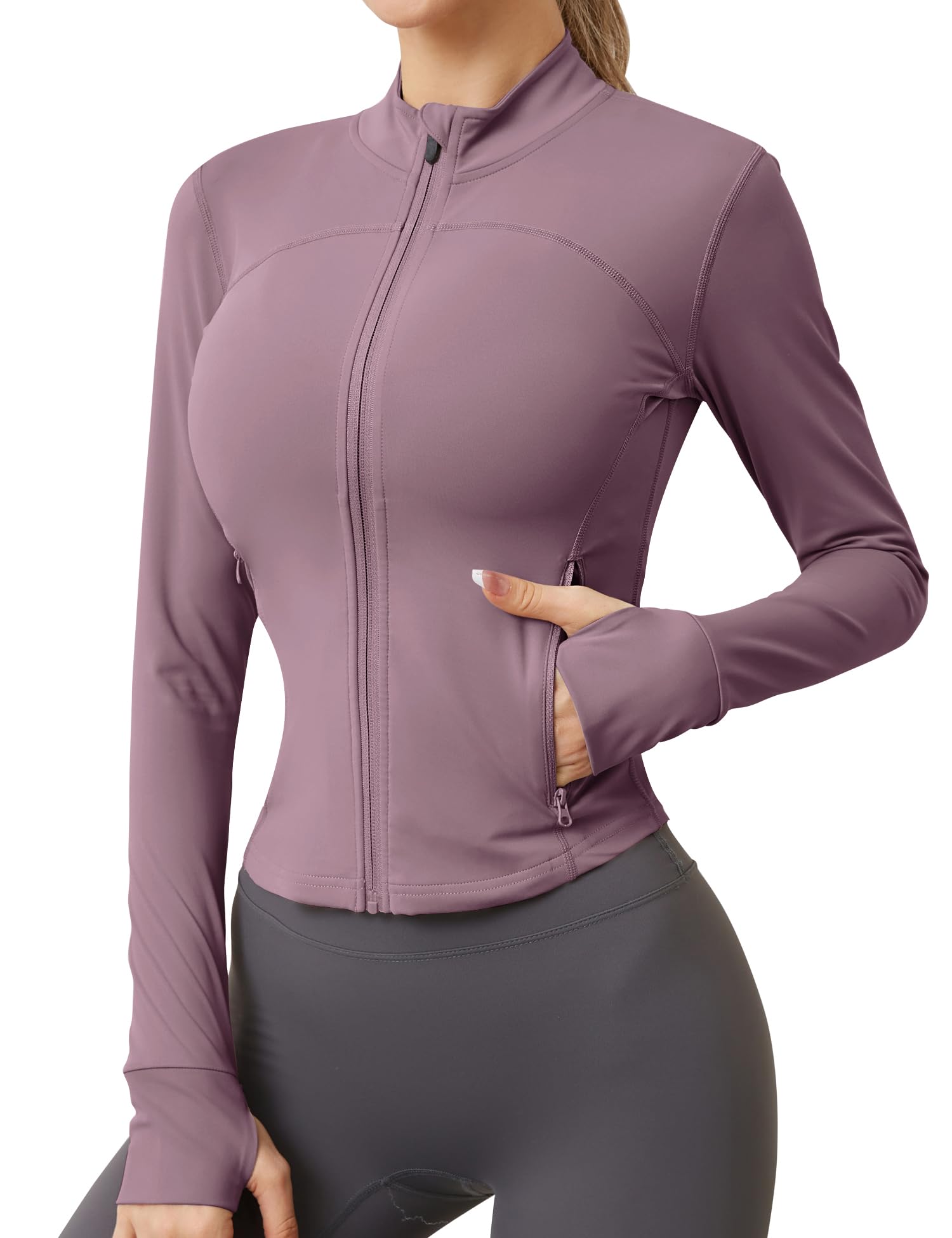 IECCP Damen Sportjacke Laufjacke Langarm Gym Tops Yoga Fitness Sport Oberteile Zwei Reißverschlusstaschen Leicht Trainingsjacke mit Daumenloch