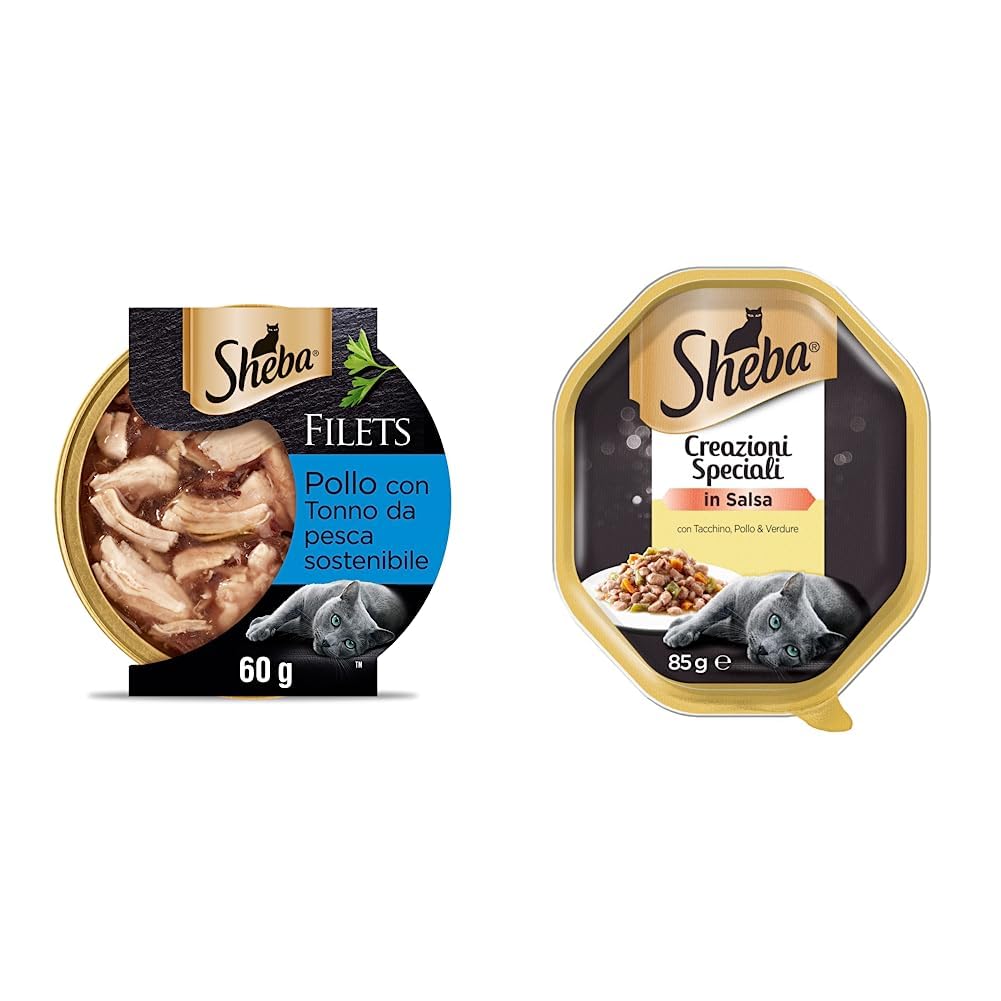 Sheba Filets Cibo Umido per gatti con Pollo e Tonno, 32 vaschette da 60g ognuna, Totale 1920g & Creazioni Speciali in Salsa, Cibo per Gatto con Tacchino, Totale: 1870 g