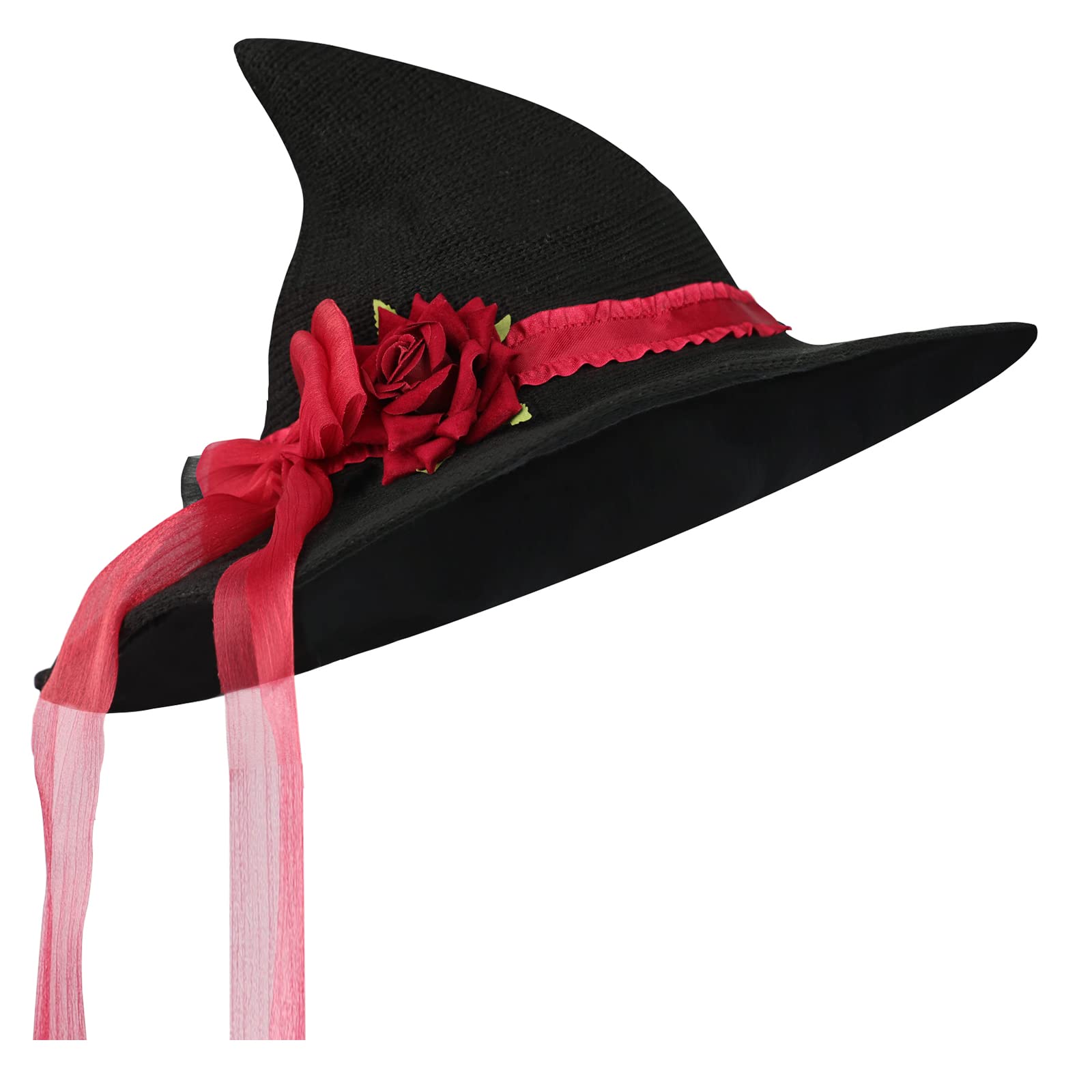 HKSICHENGKEJIUK Halloween Witch Hat With Rose Bow, Women Pointed Wide Brim Costume Accessory - Image 4