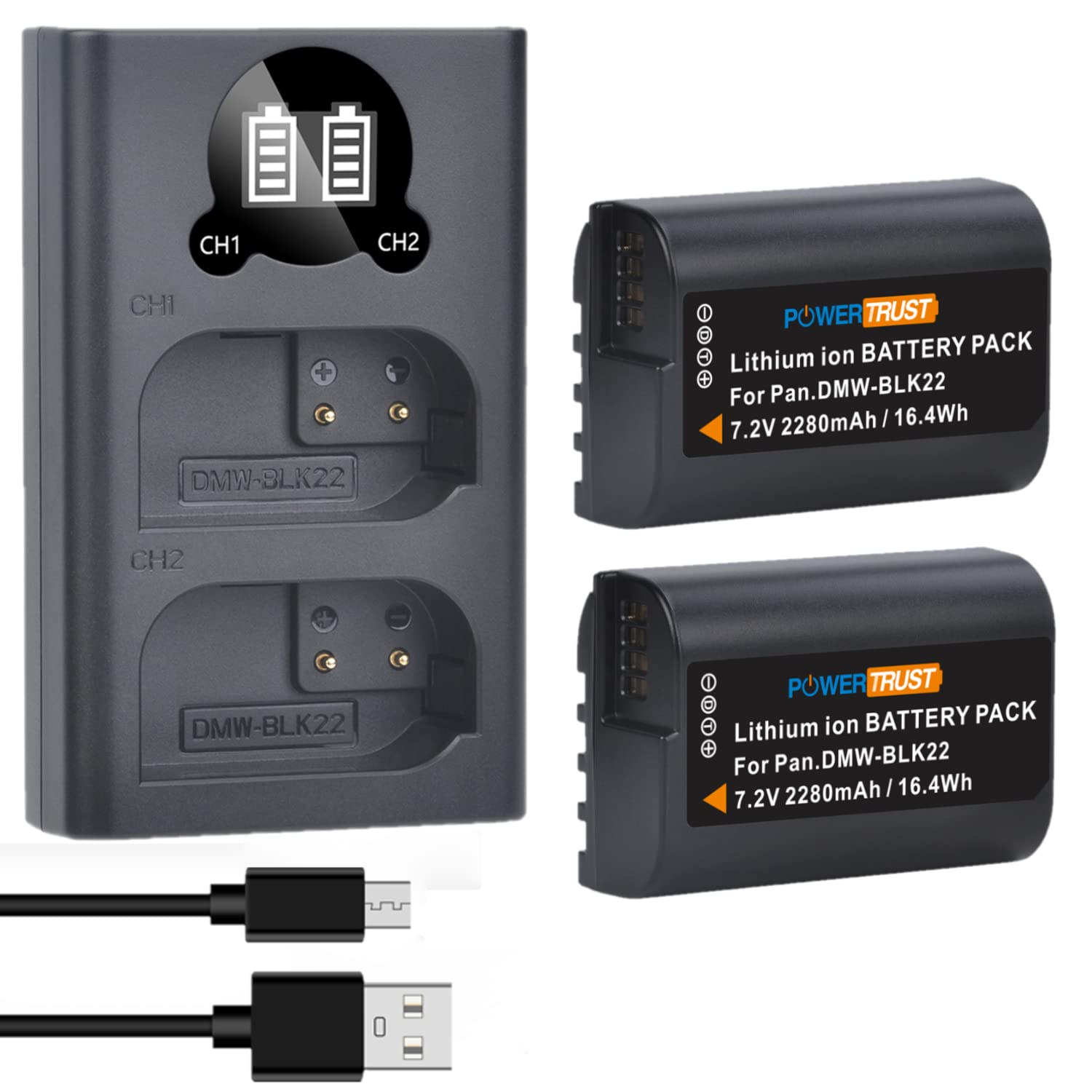 BM Premium Paquete De 2 Baterías De Repuesto DMW-BLK22 Para Cámaras Panasonic Lumix S1 II, S1R II, DC-S5, S5II, S5 IIX, S9, G9 II, GH5 II, GH6, GH7, DMW-BG1, DMW-BGS5
