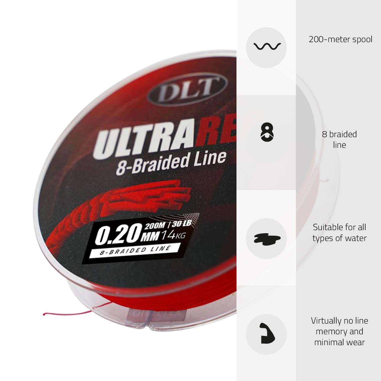 DLT Línea de pesca trenzada UltraRed-8 200m - Suave, Suave y sin estiramiento - Mejoras características de lanzamiento y acción subacuática - Microrevestimiento para repelente al agua - De 8 hebras