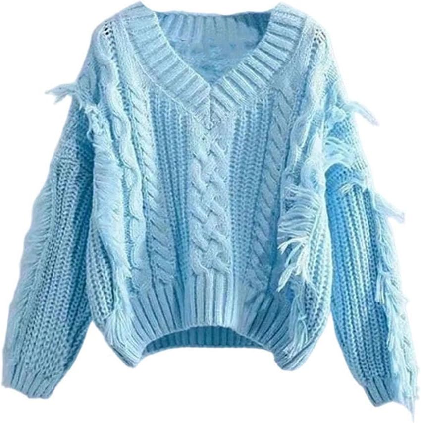 Women Fashion Fall Knitted Sweaters Pullovers Casual Solid Long Sleeve Jumpers V-Neck Loose Shirts