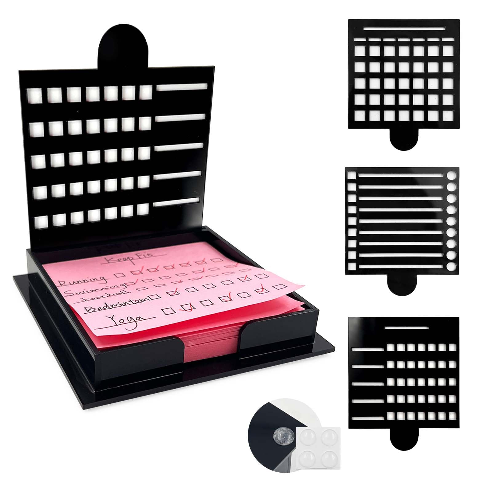Daily Treasures Sticky Note Holder with Three Different Stencil, Post Note Holder for 3x3 inch Sticky Notes,Black Acrylic Post It Note Holder with Anti-Skidding Mats for Room and Office Desk Organizer