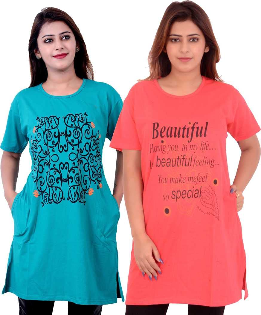 Women Cotton Printed Pocket Long T Shirt-picture-48