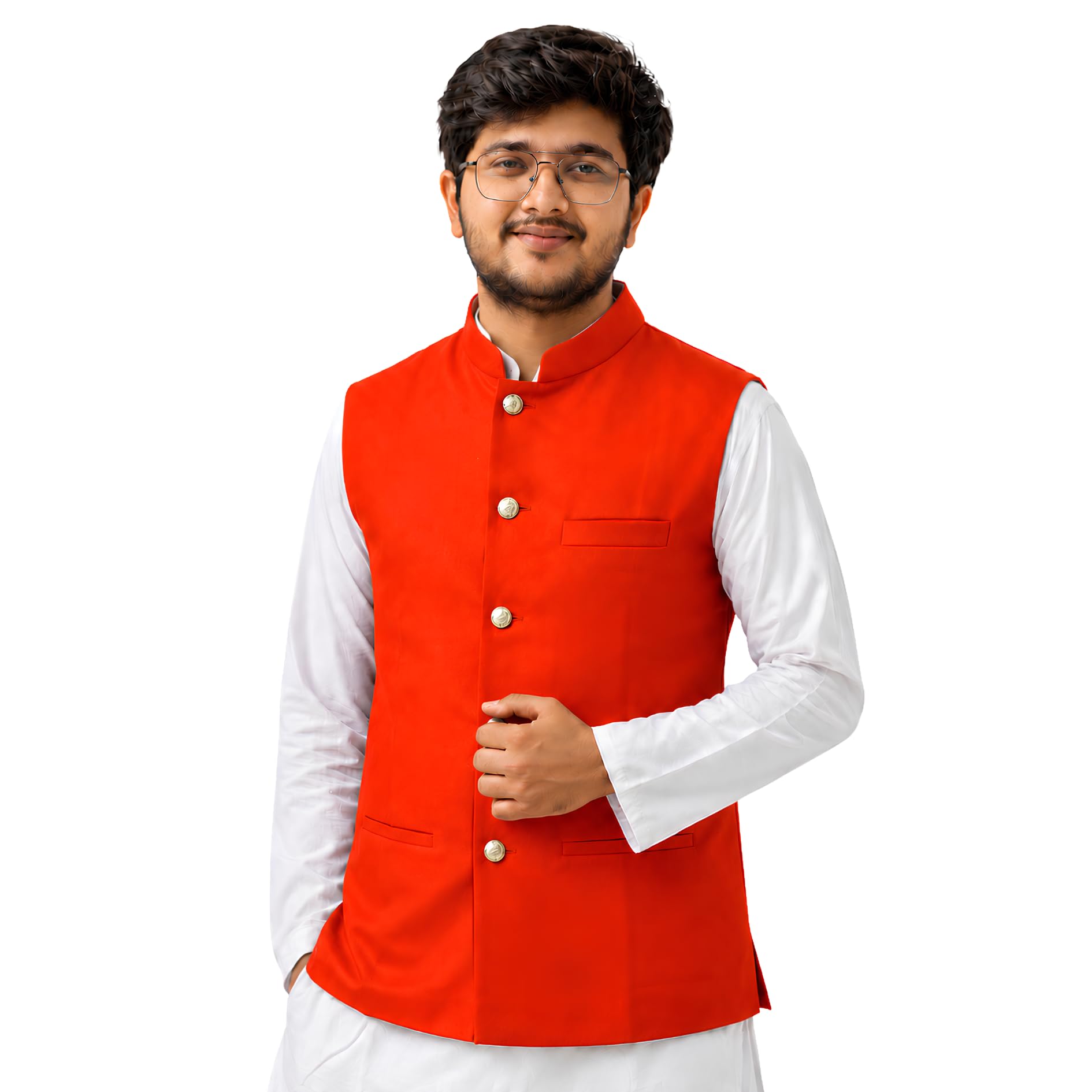 Cotton Blend Traditional Ethnic Nehru Jacket with Pocket Square-image-4