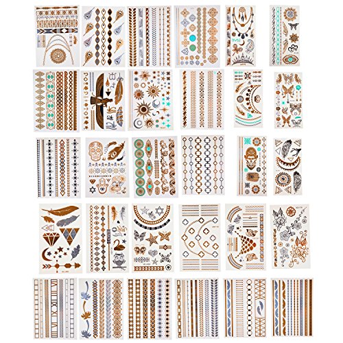 Metallic Temporary Tattoos- Six Sheets of Gold and Silver Long Lasting Fashion Designs (Series 1)