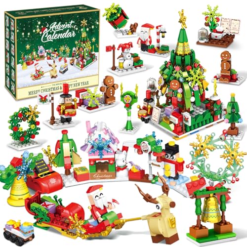 Advent Calendar 2024 Kids, Christmas Advent Calendar Building Blocks Toy with 24 Boxes Building Blocks 12-in-1 Santa Claus Building Blocks, 24 Days Christmas Countdown Holiday Gifts for Kids Adult