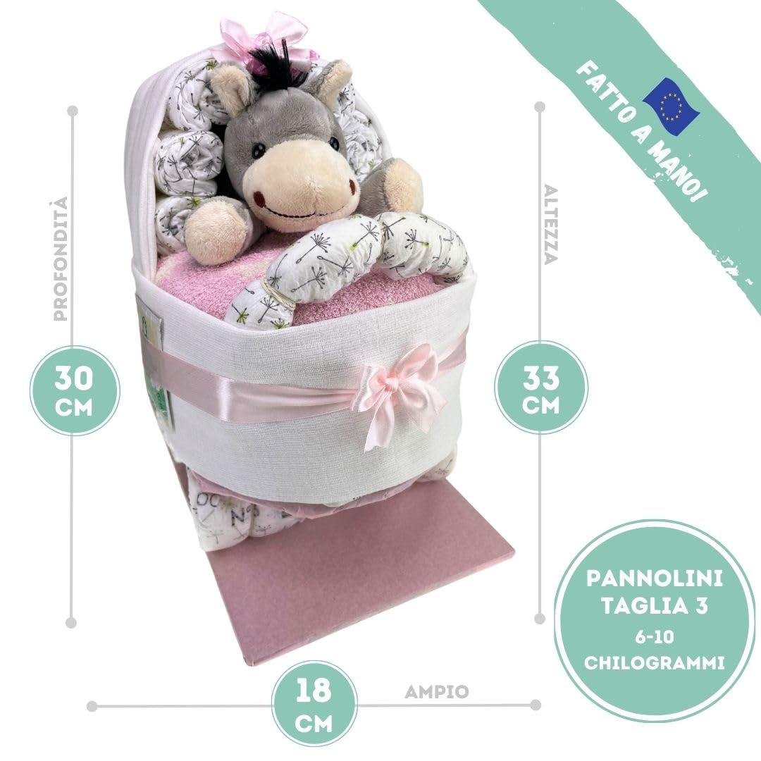myBambini ® Torta di pannolini - Passeggino con peluche – regalo per nascita – baby shower – puller party (rosa) Regalo per la nascita - Salviette umidificate - Fazzoletti per il ruttino
