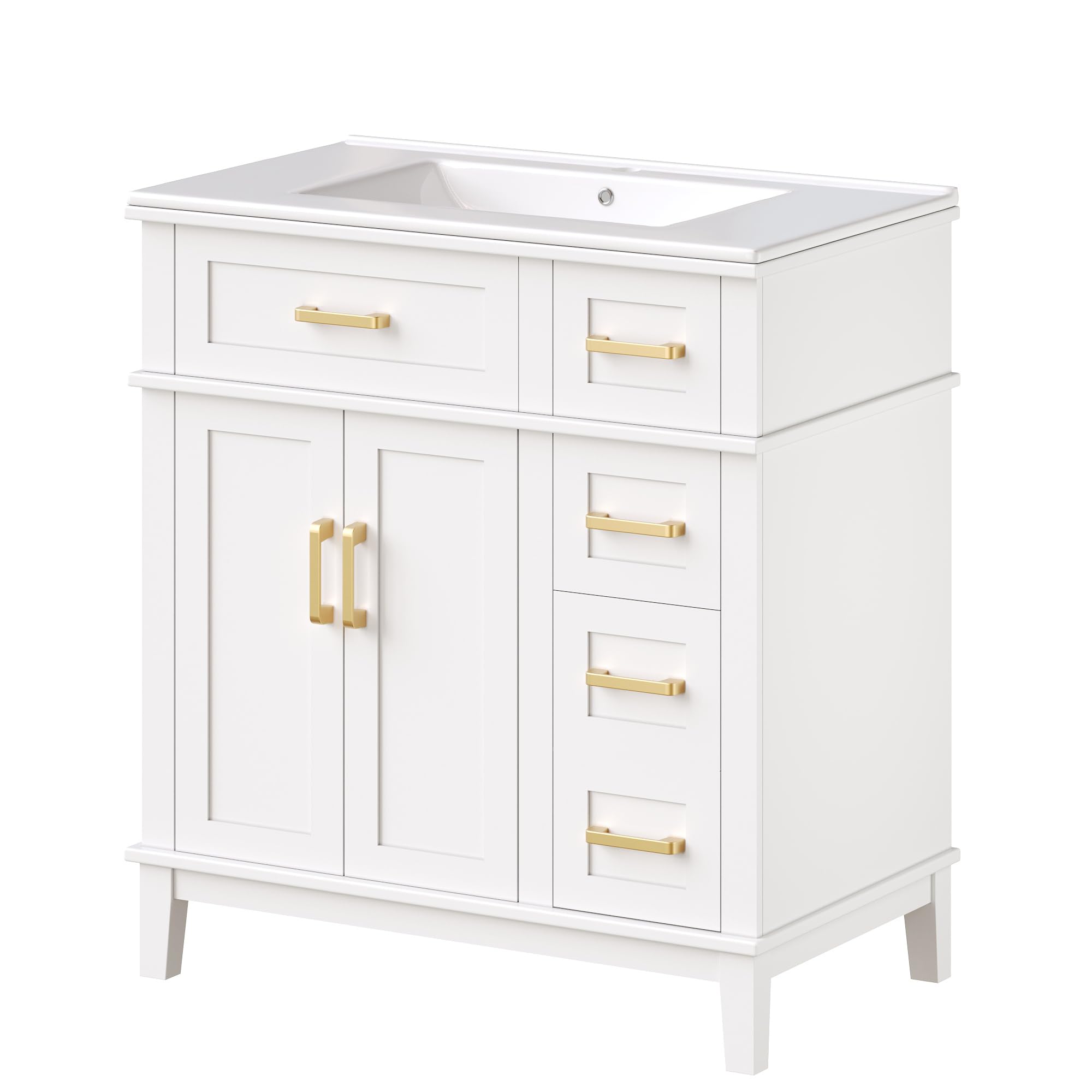 Mueble de baño con lavabo de cerámica moderno con gran capacidad de almacenamiento, cajones de cierre suave, protección contra desbordamiento, color blanco